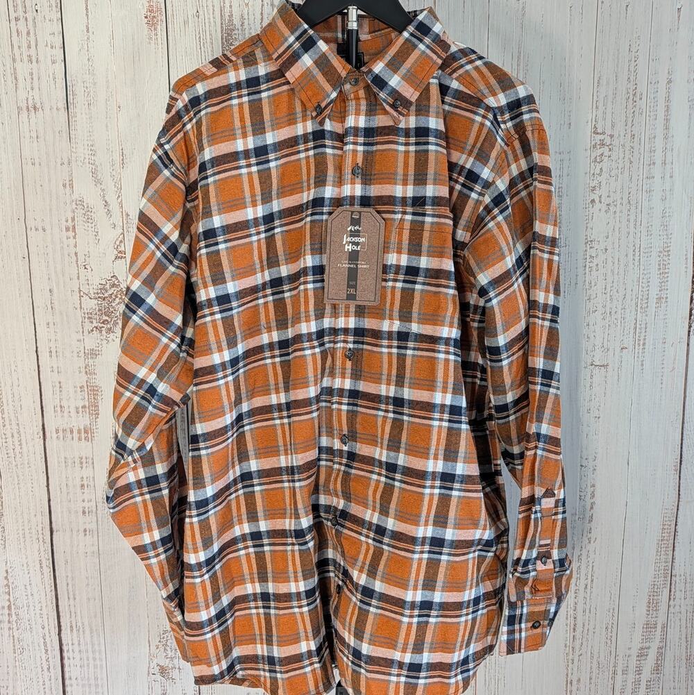Jackson Hole Flannel Shirt Mens 2XL Rust Orange Blue Plaid Button - Down NWT